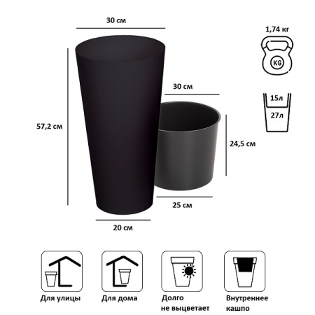 Кашпо для цветов Prosperplast Tubus Slim 27+15л, антрацит